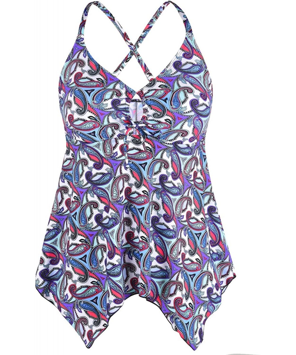 Women's Front Tie Swim Top Cross Back Tankini Top Flowy Swimdress Tummy Control - Purple Paisley - CG18YZND6HM $21.47-Tankinis