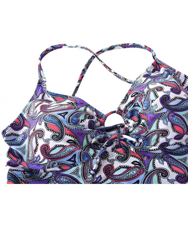 Women's Front Tie Swim Top Cross Back Tankini Top Flowy Swimdress Tummy Control - Purple Paisley - CG18YZND6HM $21.47-Tankinis