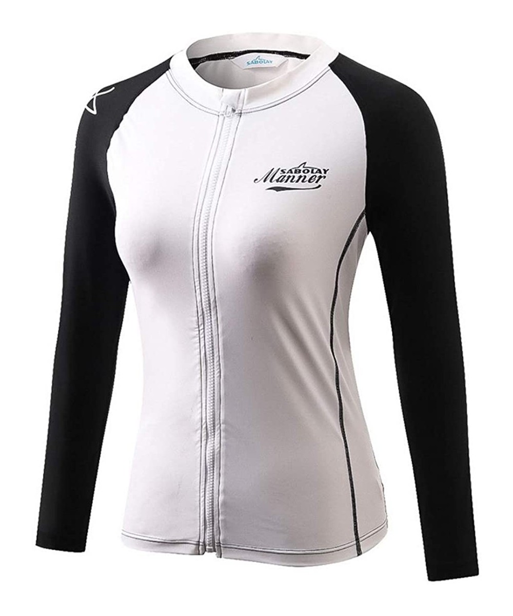 Women Long Sleeve Swim Rash Guard Full Zipper Up Compression Shirts - White - CT18OWNYTXM $13.99-Rash Guards