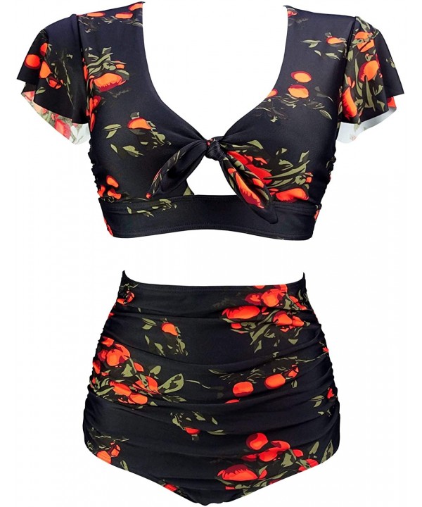 Women's Retro Floral High Waisted Shirred Bikini Set Tie Front Short Sleeve Top Ruffle Swimsuit(FBA) Black Tangerine - CQ18U4...