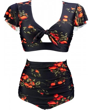 Women's Retro Floral High Waisted Shirred Bikini Set Tie Front Short Sleeve Top Ruffle Swimsuit(FBA) Black Tangerine - CQ18U4...