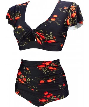 Women's Retro Floral High Waisted Shirred Bikini Set Tie Front Short Sleeve Top Ruffle Swimsuit(FBA) Black Tangerine - CQ18U4...