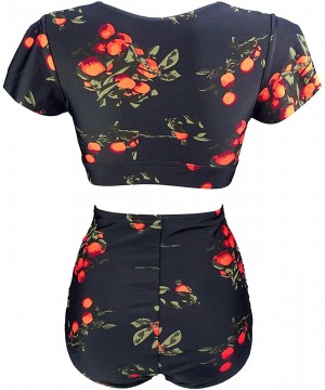 Women's Retro Floral High Waisted Shirred Bikini Set Tie Front Short Sleeve Top Ruffle Swimsuit(FBA) Black Tangerine - CQ18U4...