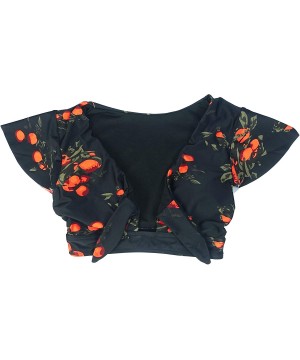 Women's Retro Floral High Waisted Shirred Bikini Set Tie Front Short Sleeve Top Ruffle Swimsuit(FBA) Black Tangerine - CQ18U4...