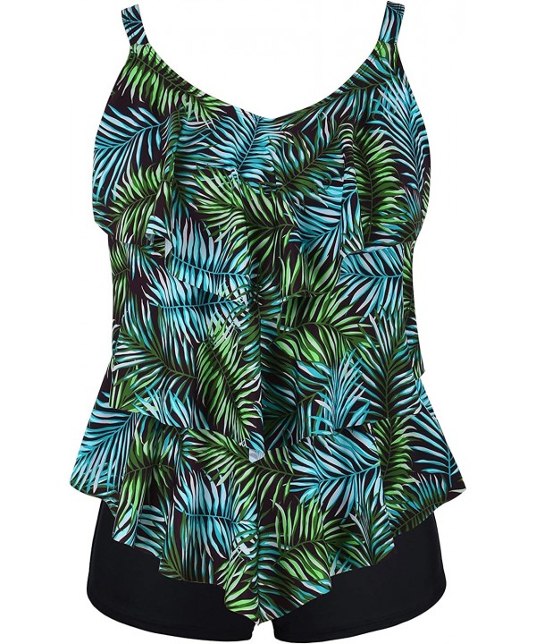 Women's Tankini Set Ruffle Swimwear Two Pieces Swimsuit - Green Leaf - CT18G9N624U $19.60-Tankinis