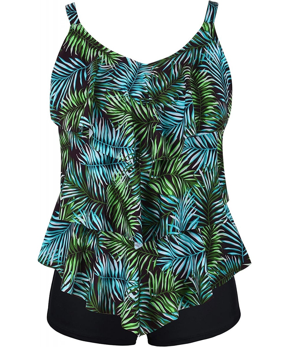 Women's Tankini Set Ruffle Swimwear Two Pieces Swimsuit - Green Leaf - CT18G9N624U $19.60-Tankinis