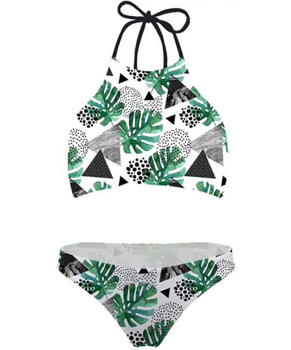 Women's High Neck Halter Bikini Swimwear 2 Piece Set Summer Hawaiian Style Beachwear - Palm-6 - CC18QC8DTLQ $19.19-Sets