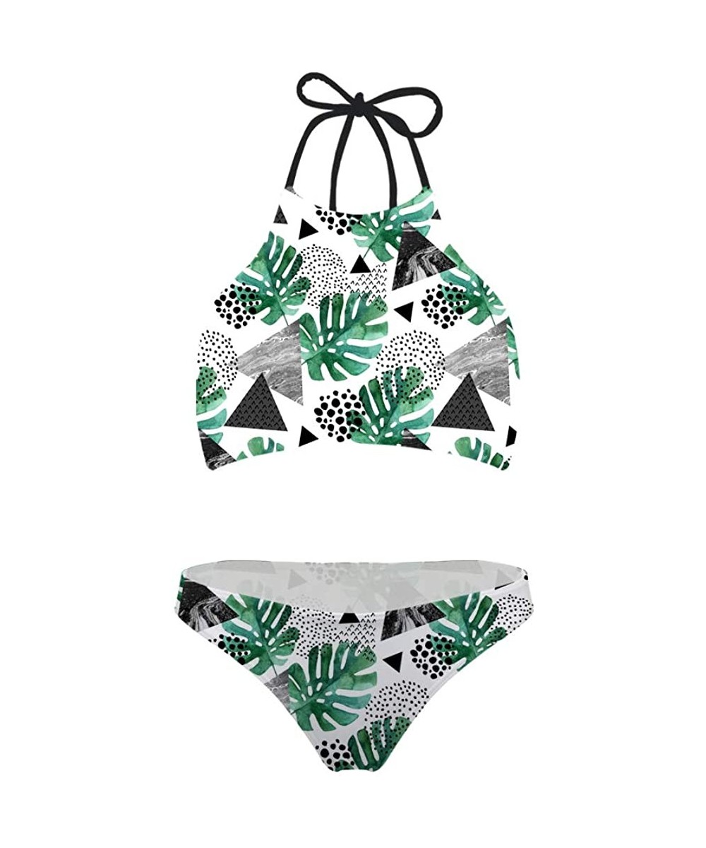 Women's High Neck Halter Bikini Swimwear 2 Piece Set Summer Hawaiian Style Beachwear - Palm-6 - CC18QC8DTLQ $19.19-Sets