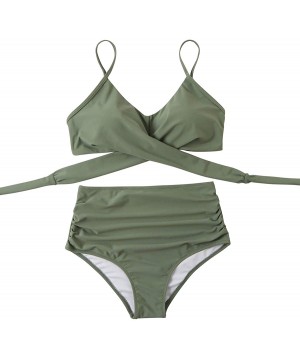 Women Leopard Print Wrap Cross High Waist 2 Piece Bikini Set - Army Green - CW194ANAUWG $26.97-Sets