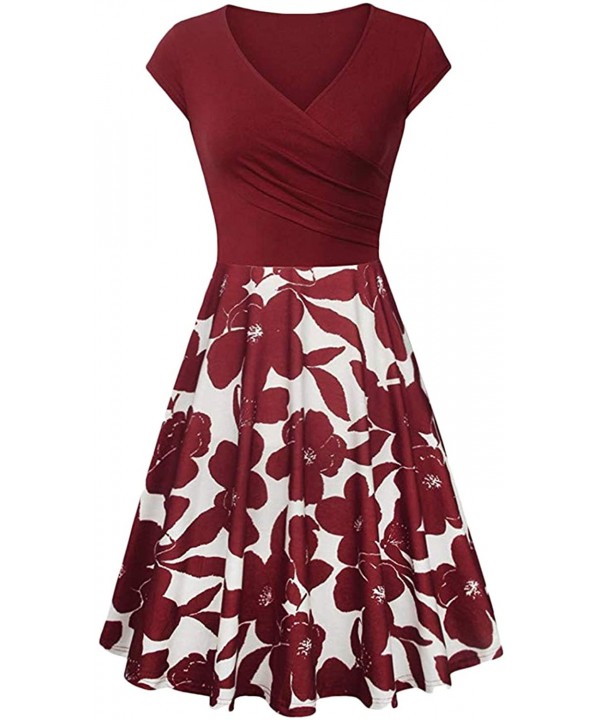 Women's Wrap V Neck Cap Half Sleeve Vintage Casual Work Party Tea Swing Dress - Z-floral Burgundy - C2198Q6YIDO $18.02-Cover-Ups