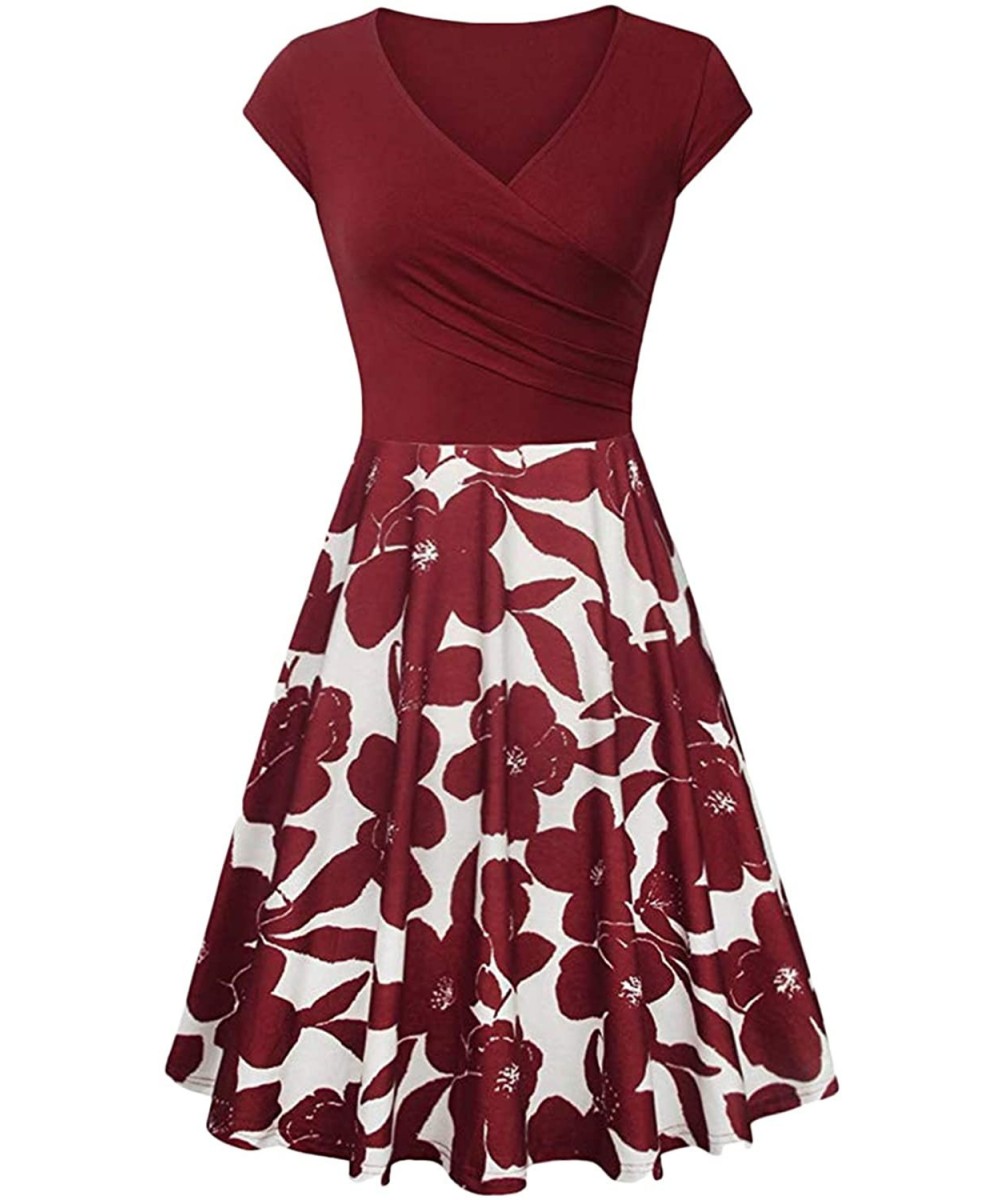 Women's Wrap V Neck Cap Half Sleeve Vintage Casual Work Party Tea Swing Dress - Z-floral Burgundy - C2198Q6YIDO $18.02-Cover-Ups