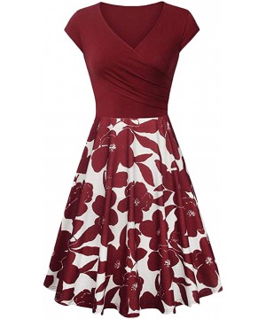 Women's Wrap V Neck Cap Half Sleeve Vintage Casual Work Party Tea Swing Dress - Z-floral Burgundy - C2198Q6YIDO $18.02-Cover-Ups