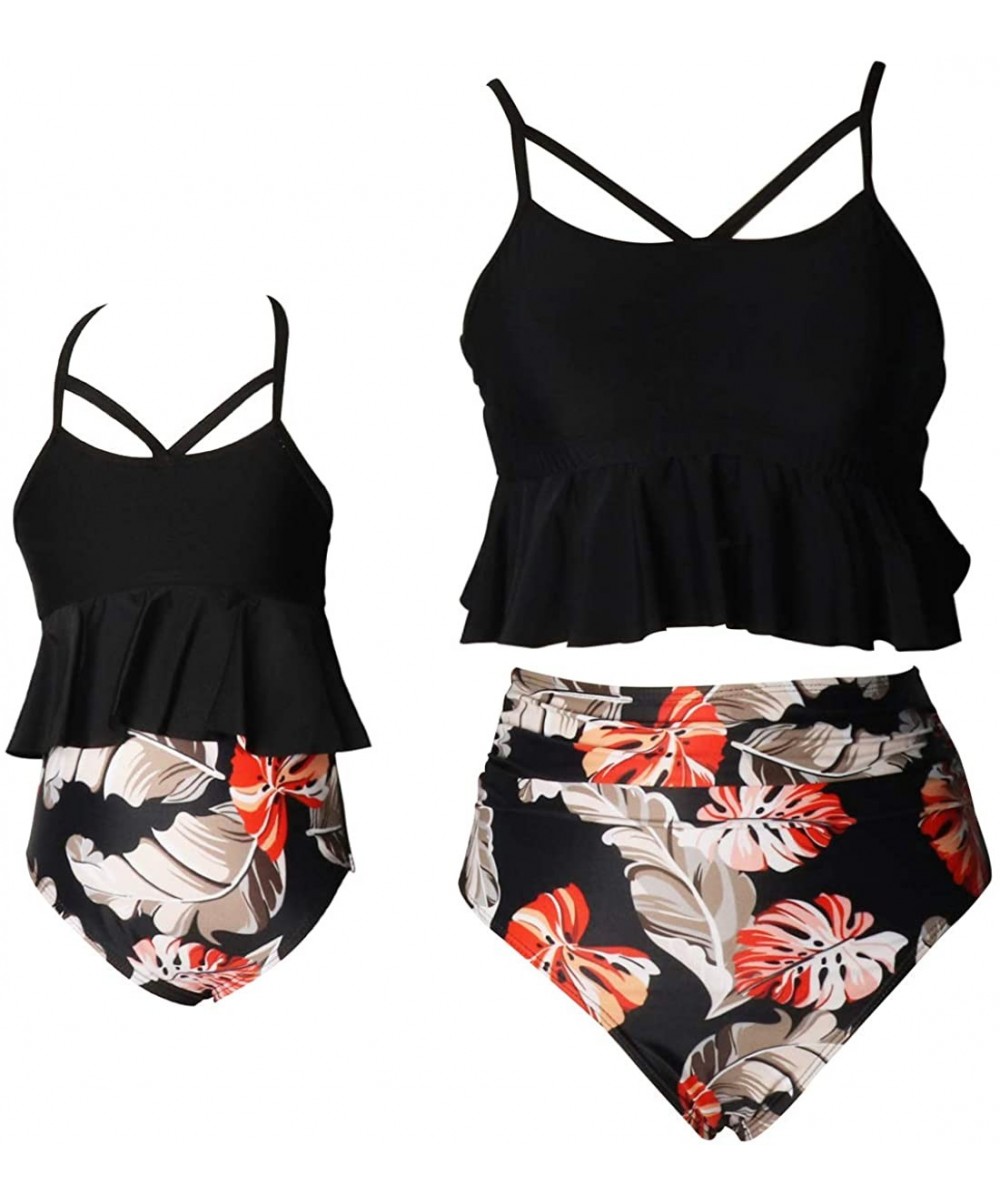 Girls Two Piece Swimsuits Tankini Swimwear Bathing Suit Set - Black + Floral 05 - C01966S6L0O $15.03-Sets