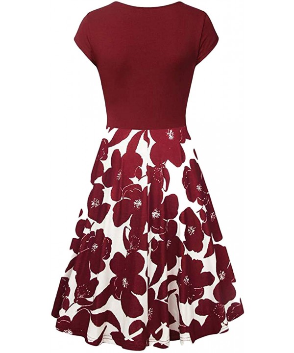 Women's Wrap V Neck Cap Half Sleeve Vintage Casual Work Party Tea Swing Dress - Z-floral Burgundy - C2198Q6YIDO $18.02-Cover-Ups