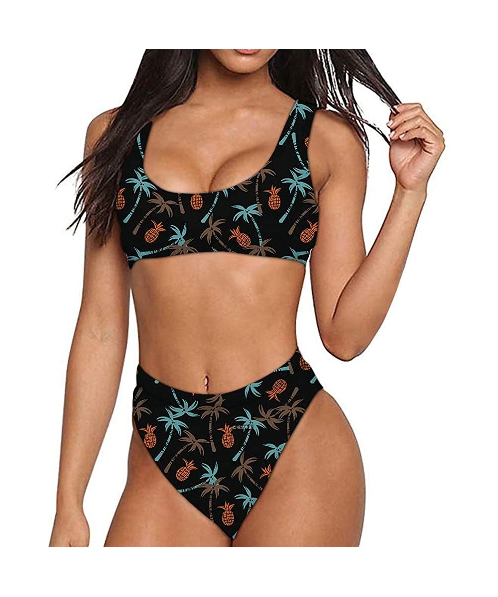 Women Printed Two Pieces High Waisted Cheeky Bikini Sets Low Scoop Crop Swimsuit - Pineapple & Palm Tree - 2015 - CE18QH2I9T7...