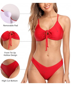 Women Gradient Bikini Swimsuit Triangle Halter Two Piece Bathing Suits - Red Tie Front - C918ZITYKO2 $24.83-Sets