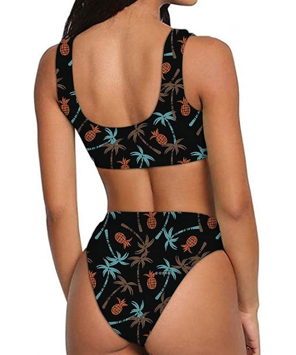 Women Printed Two Pieces High Waisted Cheeky Bikini Sets Low Scoop Crop Swimsuit - Pineapple & Palm Tree - 2015 - CE18QH2I9T7...