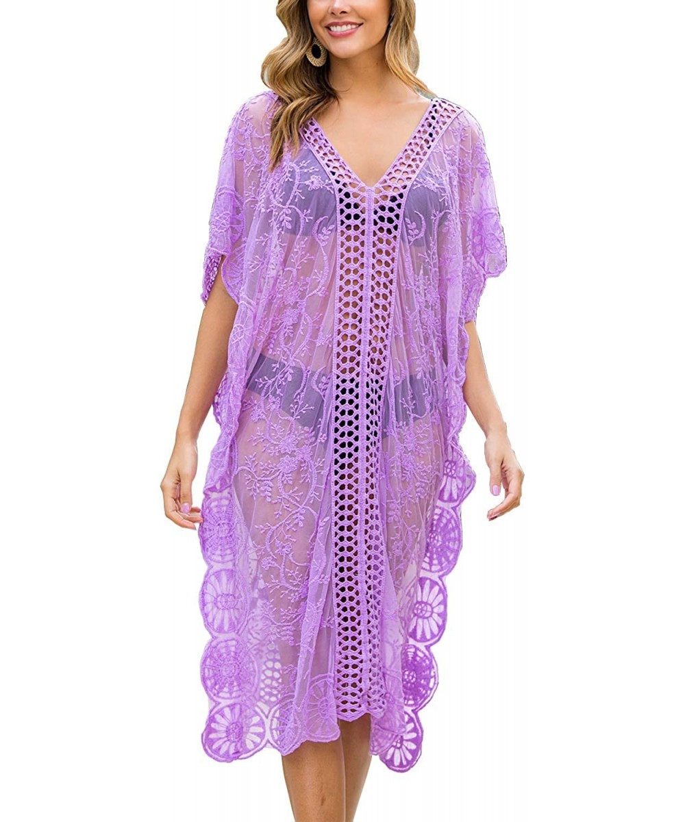 Womens Sexy V Neck Lace Crochet Sheer Long Oversized Swimsuit Cover Up Beach Dress - Purple - CN192KWXSGK $16.84-Cover-Ups