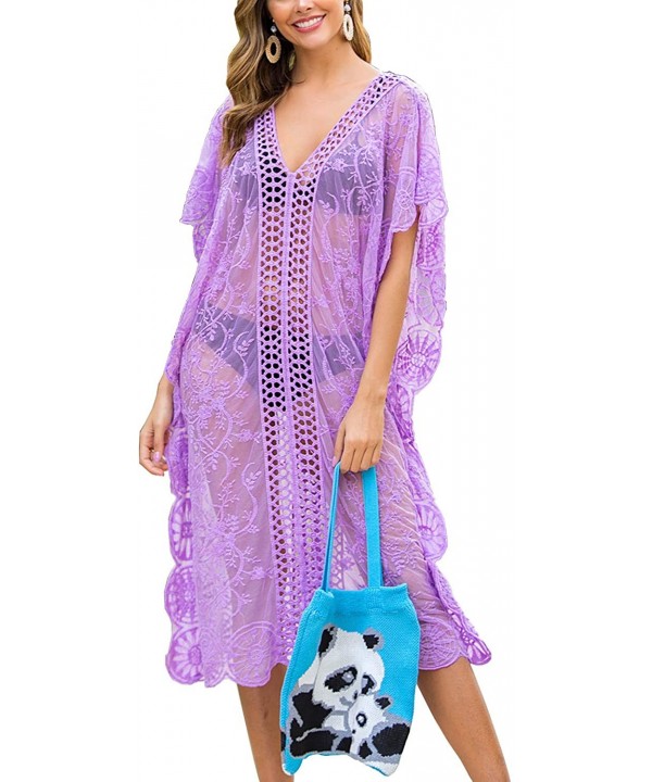 Womens Sexy V Neck Lace Crochet Sheer Long Oversized Swimsuit Cover Up Beach Dress - Purple - CN192KWXSGK $16.84-Cover-Ups