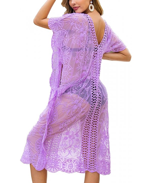 Womens Sexy V Neck Lace Crochet Sheer Long Oversized Swimsuit Cover Up Beach Dress - Purple - CN192KWXSGK $16.84-Cover-Ups