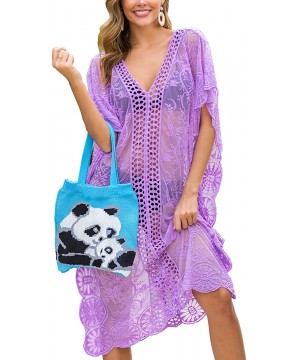 Womens Sexy V Neck Lace Crochet Sheer Long Oversized Swimsuit Cover Up Beach Dress - Purple - CN192KWXSGK $16.84-Cover-Ups