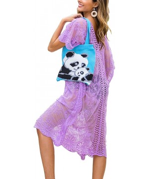 Womens Sexy V Neck Lace Crochet Sheer Long Oversized Swimsuit Cover Up Beach Dress - Purple - CN192KWXSGK $16.84-Cover-Ups