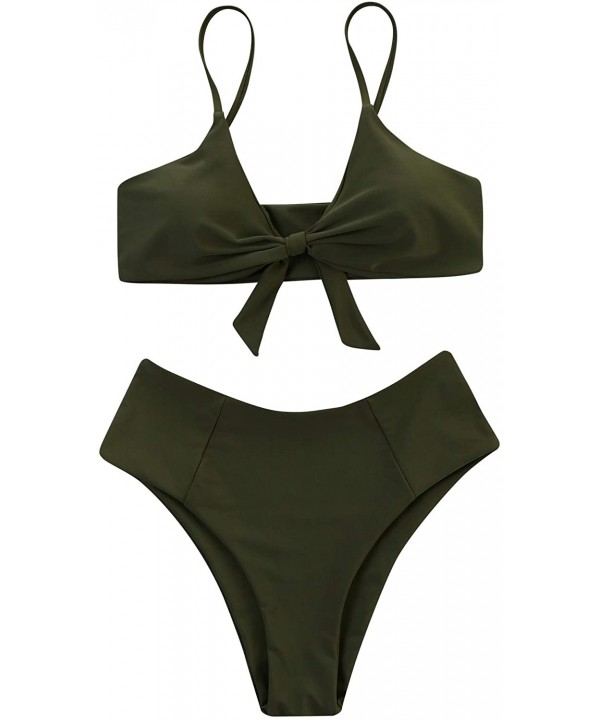 Women's Two Piece Top Tie Knot Crop Top Bikini High Waisted Swimsuit - Army Green - C718XAZSUKX $14.75-Sets