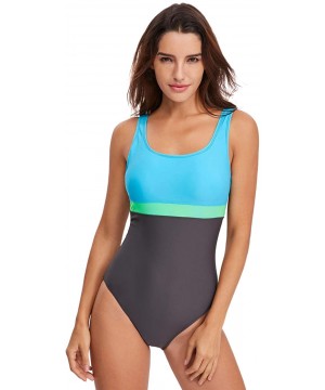 Women One Piece Swimsuits Athletic Racing Training Sports Bathing Suit Color Block Swimwear - Gray & Blue - CA18NRC4LRE $28.4...