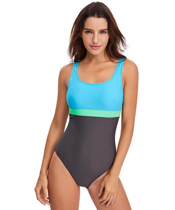 Women One Piece Swimsuits Athletic Racing Training Sports Bathing Suit Color Block Swimwear - Gray & Blue - CA18NRC4LRE $28.4...