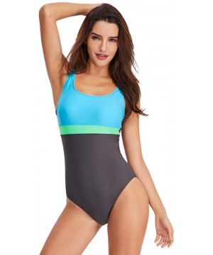 Women One Piece Swimsuits Athletic Racing Training Sports Bathing Suit Color Block Swimwear - Gray & Blue - CA18NRC4LRE $28.4...