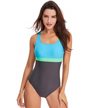 Women One Piece Swimsuits Athletic Racing Training Sports Bathing Suit Color Block Swimwear - Gray & Blue - CA18NRC4LRE $28.4...