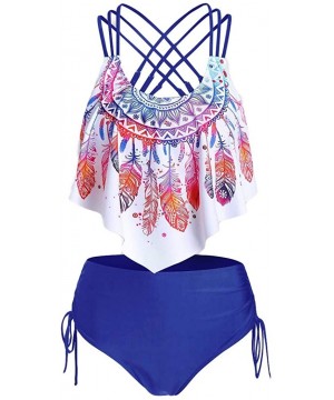 2 Pieces Swimsuits for Women High Waisted- Bohemia Print Push-Up Padded Overlay Flounce Tankini Swimwear - Blue B - CX199XWAG...