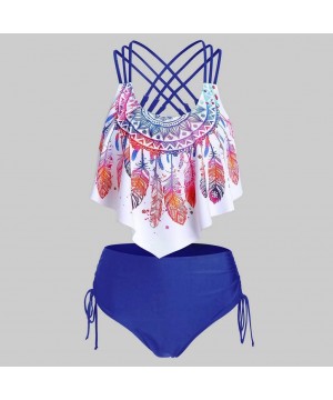 2 Pieces Swimsuits for Women High Waisted- Bohemia Print Push-Up Padded Overlay Flounce Tankini Swimwear - Blue B - CX199XWAG...