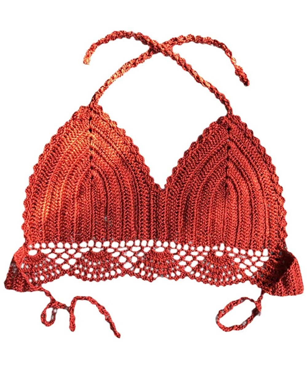 Women Summer Crochet Crop Bikini Top Beach Halter Bralette Knit Boho Cami Swimsuit Bra - Watermelon Red - CI18RCCKNUZ $11.53-...