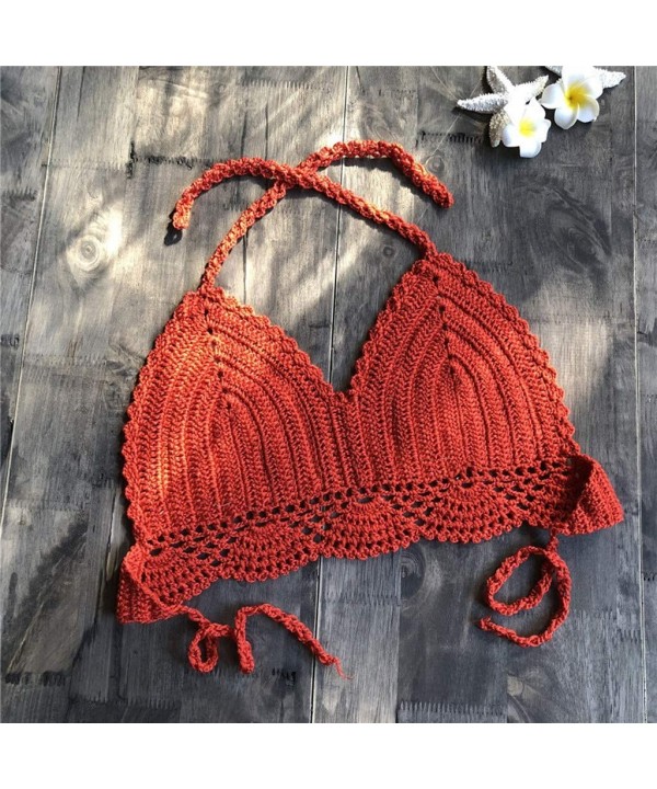 Women Summer Crochet Crop Bikini Top Beach Halter Bralette Knit Boho Cami Swimsuit Bra - Watermelon Red - CI18RCCKNUZ $11.53-...