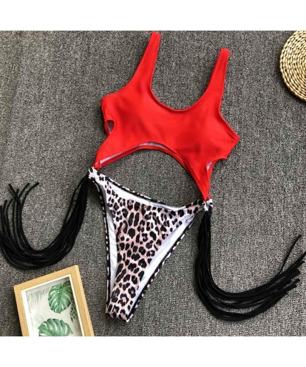 Women's Sexy High Cut Leopard One Piece Thong Monokini Swimsuit Cut Out Tassel Cheeky Bathing Suit - Red - CF18T34IARS $23.46...