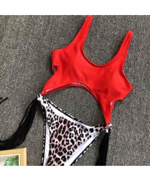 Women's Sexy High Cut Leopard One Piece Thong Monokini Swimsuit Cut Out Tassel Cheeky Bathing Suit - Red - CF18T34IARS $23.46...