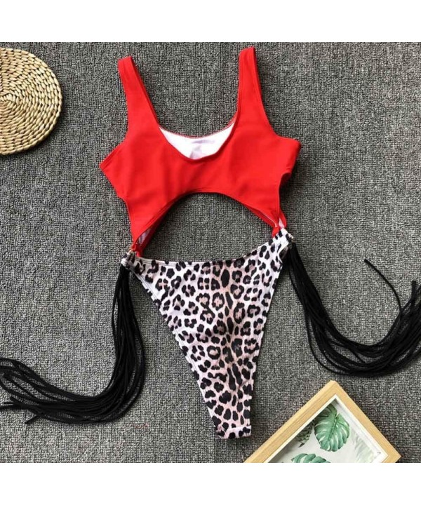 Women's Sexy High Cut Leopard One Piece Thong Monokini Swimsuit Cut Out Tassel Cheeky Bathing Suit - Red - CF18T34IARS $23.46...