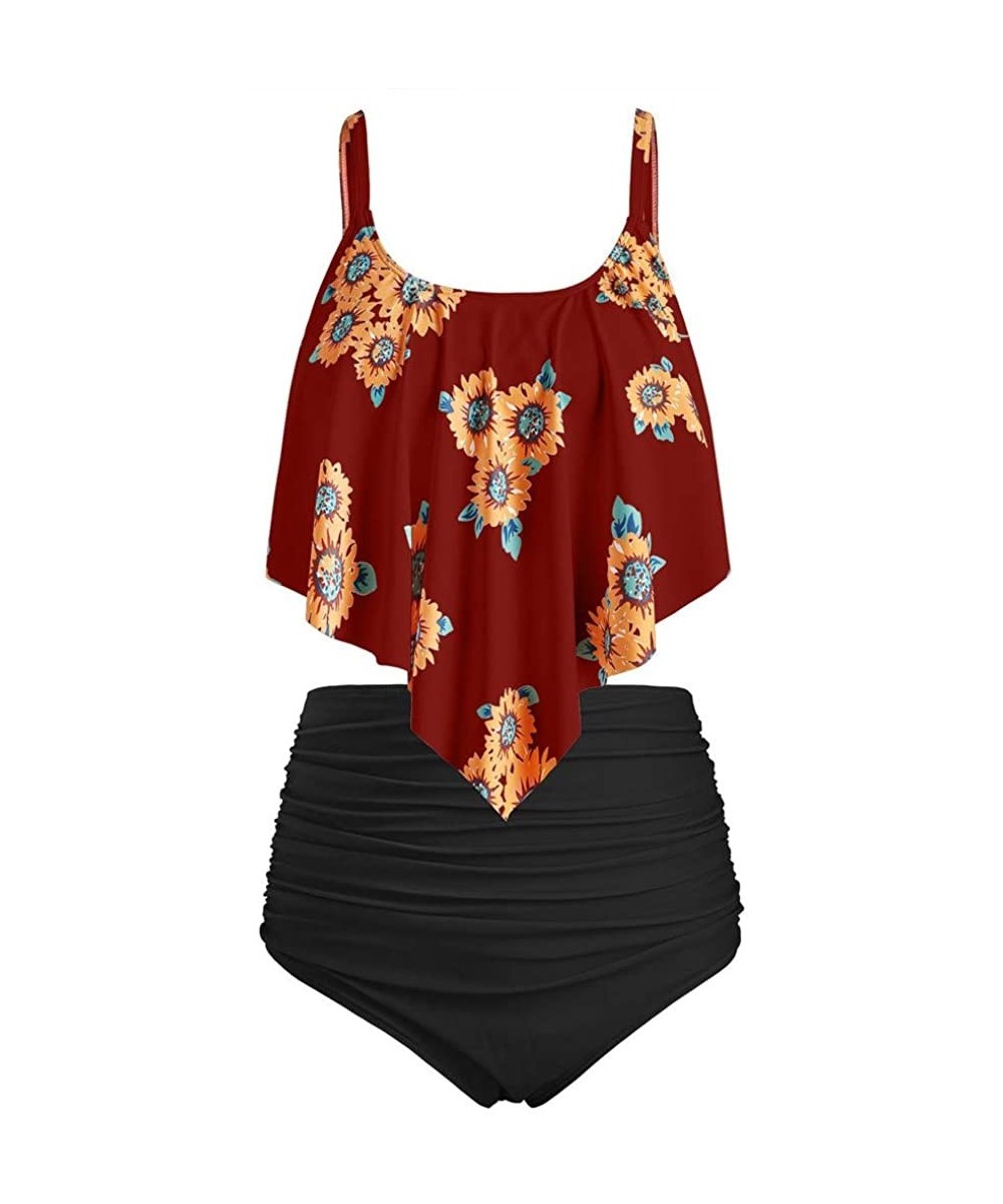 Swimsuit for Women Two Pieces Bathing Suits Top Ruffled with High Waisted Sunflower Pirnt Bottom Tankini Set Red - CY18TLSDXI...