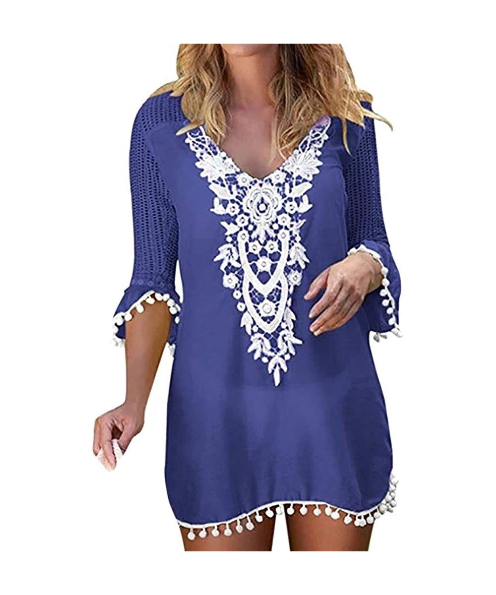 Women Half Sleeve Lace Crochet Swimwear Beach Cover Up Tops Baggy V-Neck Tassel Blouse - Blue - CM18QXXE8EX $14.69-Cover-Ups