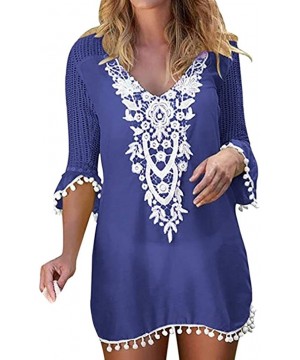 Women Half Sleeve Lace Crochet Swimwear Beach Cover Up Tops Baggy V-Neck Tassel Blouse - Blue - CM18QXXE8EX $14.69-Cover-Ups