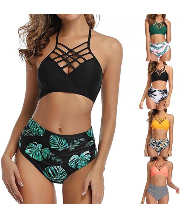 Modest Swimwear-Women Vintage Swimsuit Two Piece Retro Halter Ruched High Waist Print Bikini Set - Green - CU194MW60EQ $12.60...