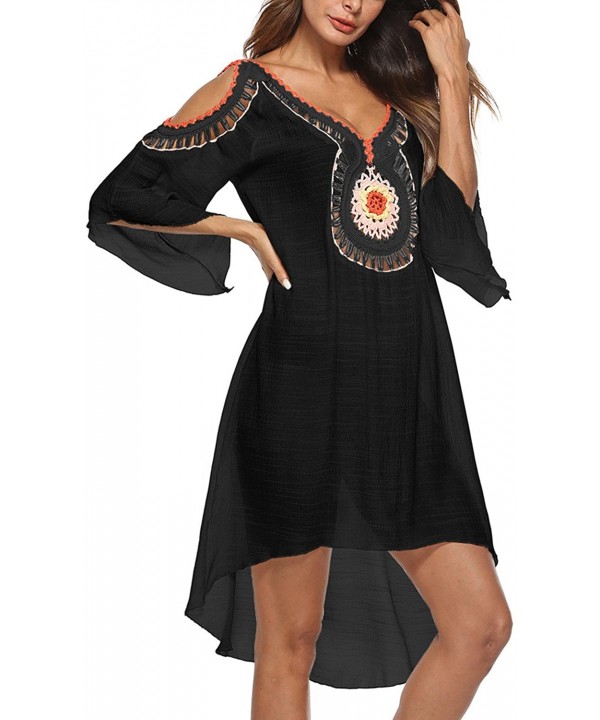 Women Bathing Suit Cover Up Beach Swimwear Crochet Cold Shoulder Dress - Black - C618DL2YEWU $19.06-Cover-Ups