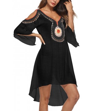 Women Bathing Suit Cover Up Beach Swimwear Crochet Cold Shoulder Dress - Black - C618DL2YEWU $19.06-Cover-Ups