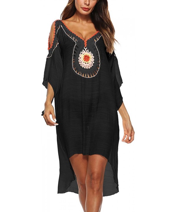 Women Bathing Suit Cover Up Beach Swimwear Crochet Cold Shoulder Dress - Black - C618DL2YEWU $19.06-Cover-Ups