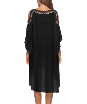 Women Bathing Suit Cover Up Beach Swimwear Crochet Cold Shoulder Dress - Black - C618DL2YEWU $19.06-Cover-Ups