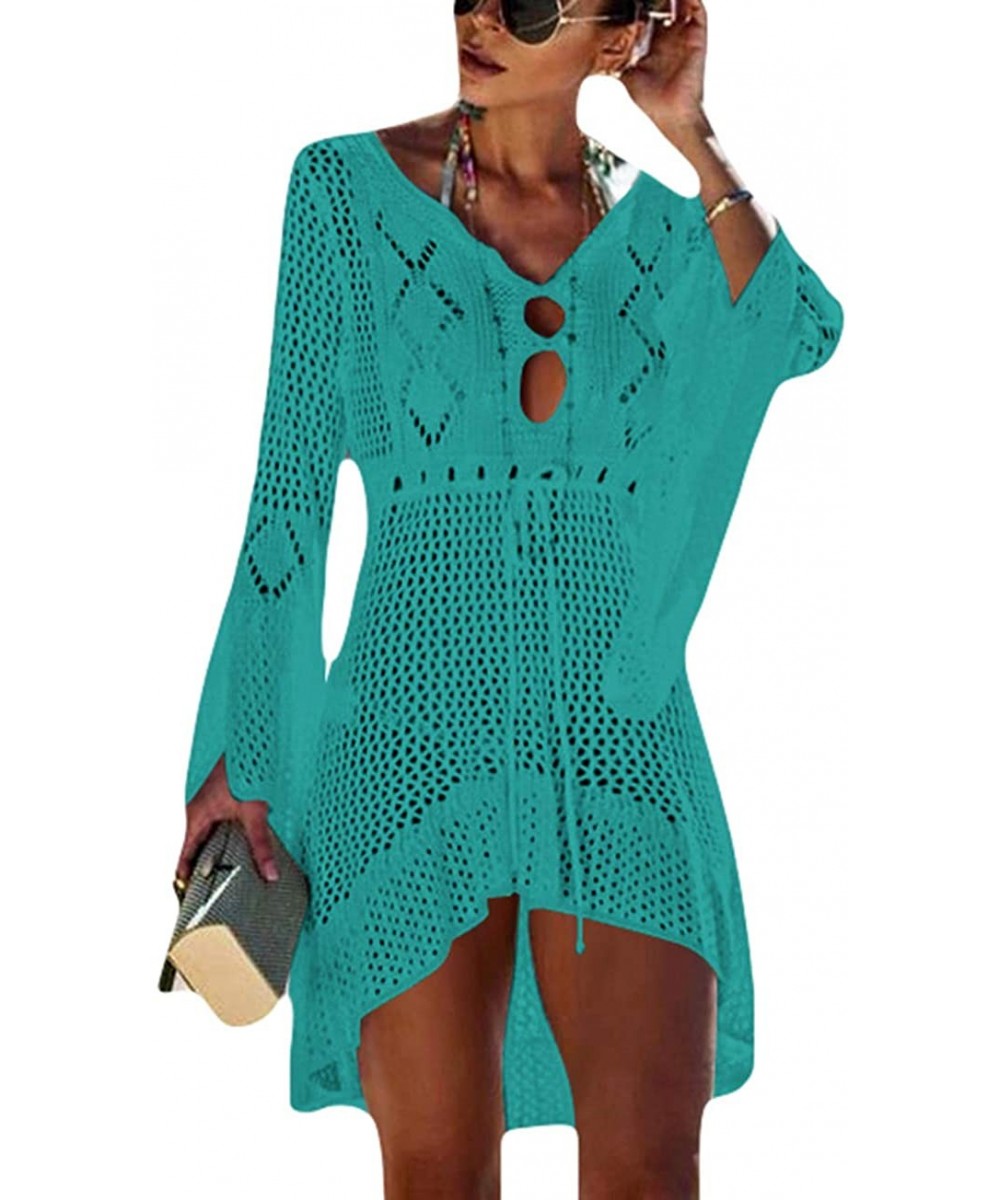 Women Crochet Swimsuit Cover Up Hollow Out Flare Sleeve Beach Dress - Lake Blue - CQ18Q5EME6L $22.53-Cover-Ups