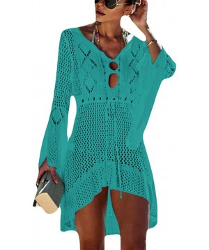 Women Crochet Swimsuit Cover Up Hollow Out Flare Sleeve Beach Dress - Lake Blue - CQ18Q5EME6L $22.53-Cover-Ups