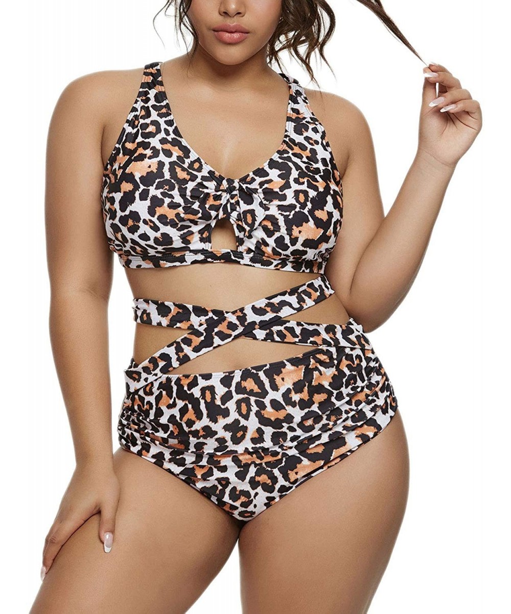 Women Plus Size Bikini High Waisted Swimsuit Ruffled Keyhole Bathing Suit - Leopard - CA198Q68HSW $21.35-Sets