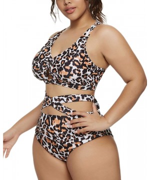 Women Plus Size Bikini High Waisted Swimsuit Ruffled Keyhole Bathing Suit - Leopard - CA198Q68HSW $21.35-Sets